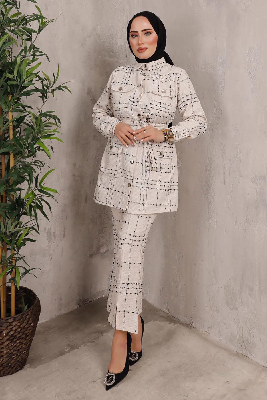 Tesettür giyim EKRU EKOSE DESENLİ KUŞAKLI PANTOLON TAKIMI T 7782 