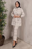 Tesettür giyim EKRU EKOSE DESENLİ KUŞAKLI PANTOLON TAKIMI T 7782 