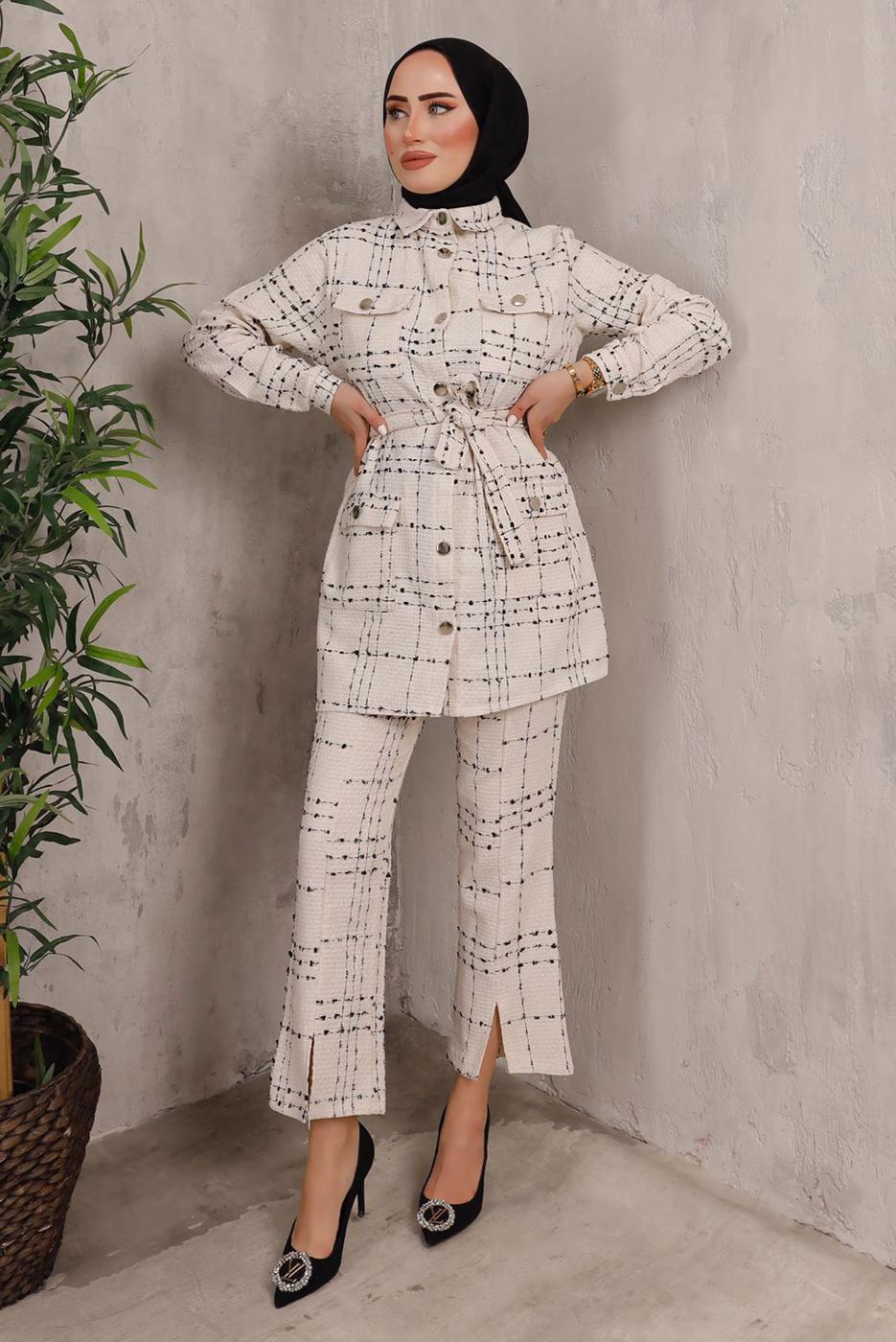 Tesettür giyim EKRU EKOSE DESENLİ KUŞAKLI PANTOLON TAKIMI T 7782 