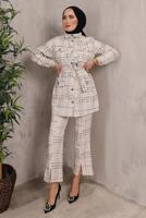 Tesettür giyim EKRU EKOSE DESENLİ KUŞAKLI PANTOLON TAKIMI T 7782 