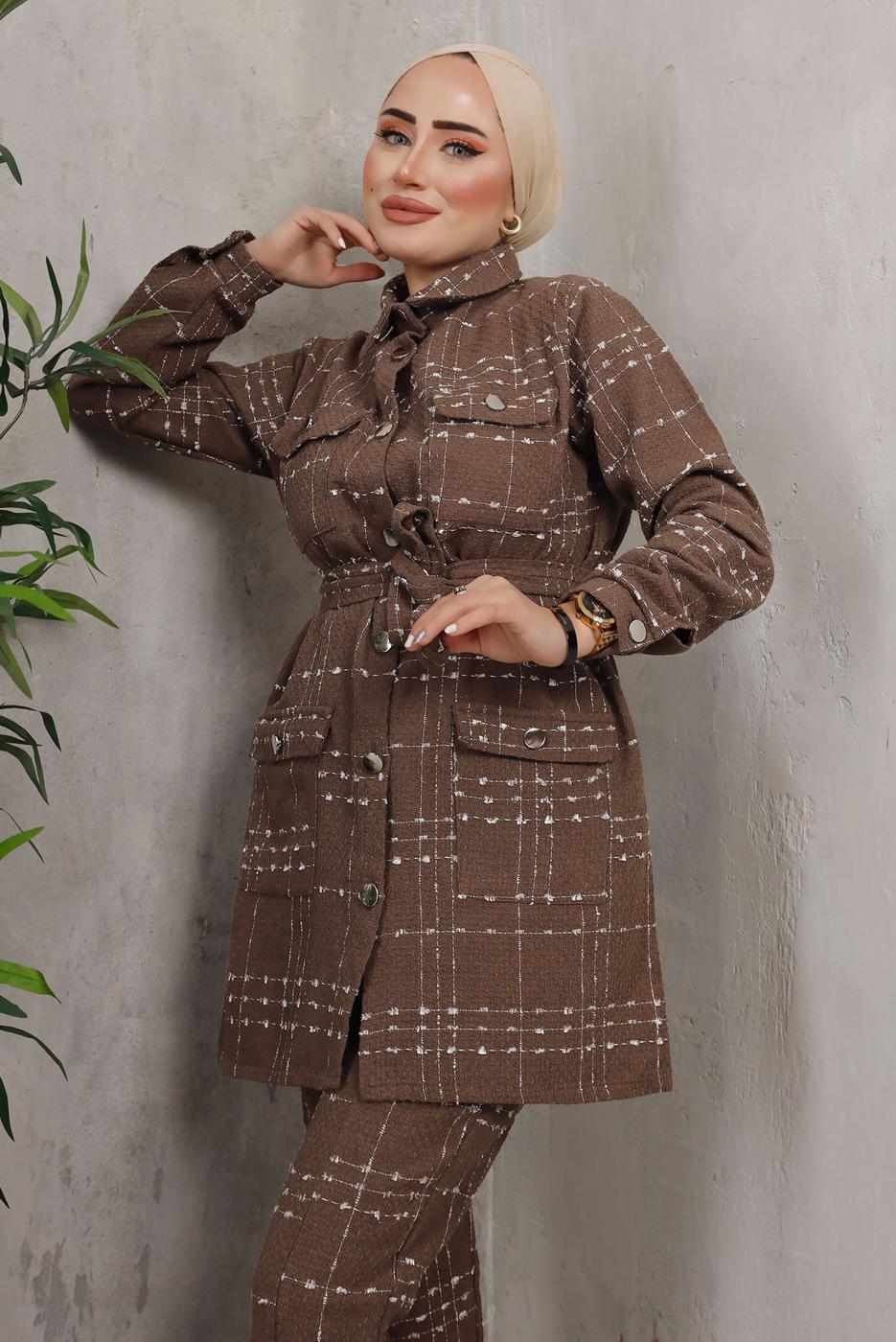 Tesettür giyim KAHVE EKOSE DESENLİ KUŞAKLI PANTOLON TAKIMI T 7782 