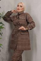 Tesettür giyim KAHVE EKOSE DESENLİ KUŞAKLI PANTOLON TAKIMI T 7782 