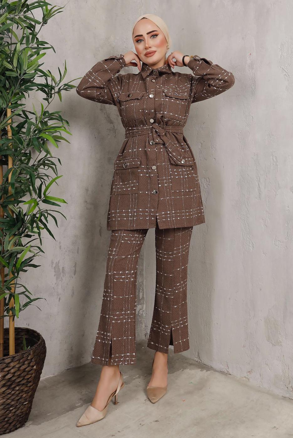 Tesettür giyim KAHVE EKOSE DESENLİ KUŞAKLI PANTOLON TAKIMI T 7782 
