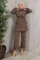 Tesettür giyim KAHVE EKOSE DESENLİ KUŞAKLI PANTOLON TAKIMI T 7782 