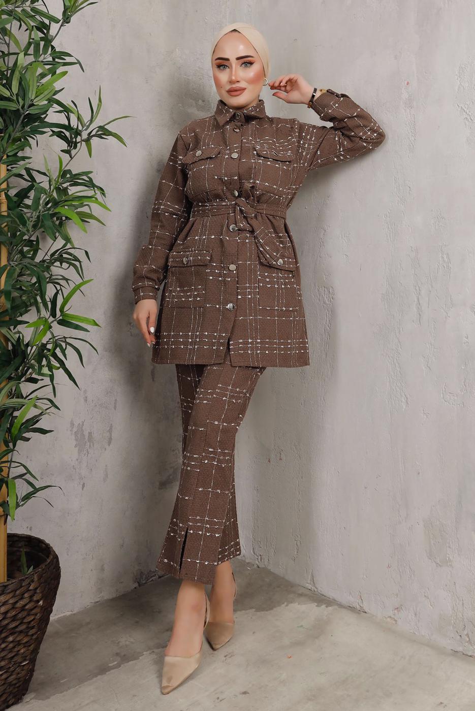 Tesettür giyim KAHVE EKOSE DESENLİ KUŞAKLI PANTOLON TAKIMI T 7782 