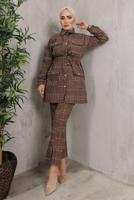 Tesettür giyim KAHVE EKOSE DESENLİ KUŞAKLI PANTOLON TAKIMI T 7782 