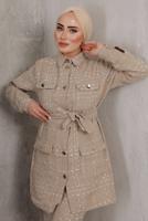 Tesettür giyim VİZON EKOSE DESENLİ KUŞAKLI PANTOLON TAKIMI T 7782 