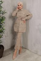 Tesettür giyim VİZON EKOSE DESENLİ KUŞAKLI PANTOLON TAKIMI T 7782 