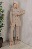 Tesettür giyim VİZON EKOSE DESENLİ KUŞAKLI PANTOLON TAKIMI T 7782 