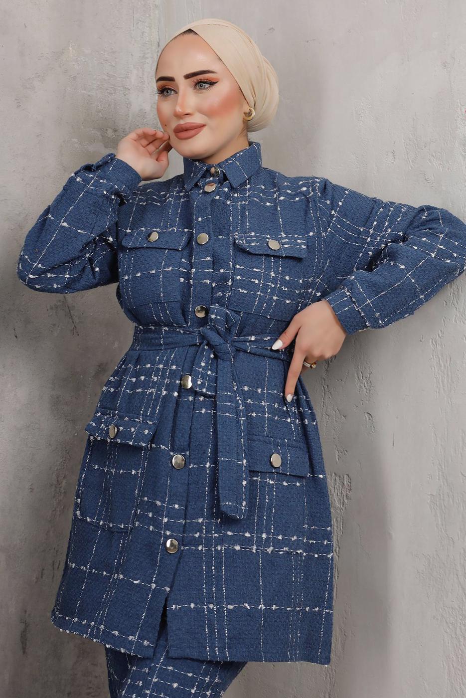 Tesettür giyim LACİVERT EKOSE DESENLİ KUŞAKLI PANTOLON TAKIMI T 7782 