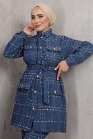 Tesettür giyim LACİVERT EKOSE DESENLİ KUŞAKLI PANTOLON TAKIMI T 7782 