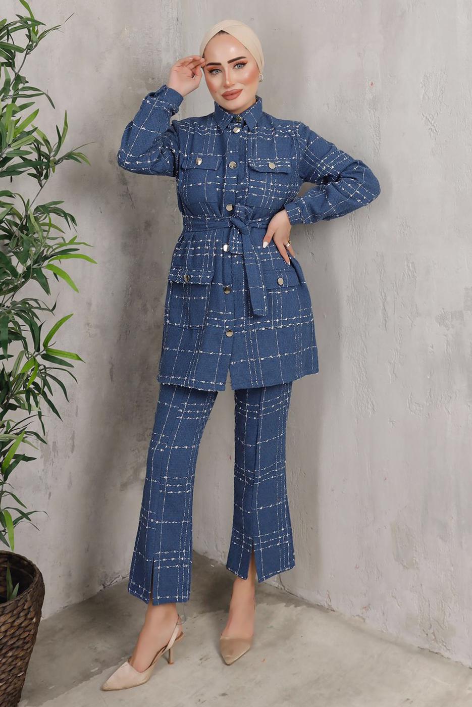 Tesettür giyim LACİVERT EKOSE DESENLİ KUŞAKLI PANTOLON TAKIMI T 7782 