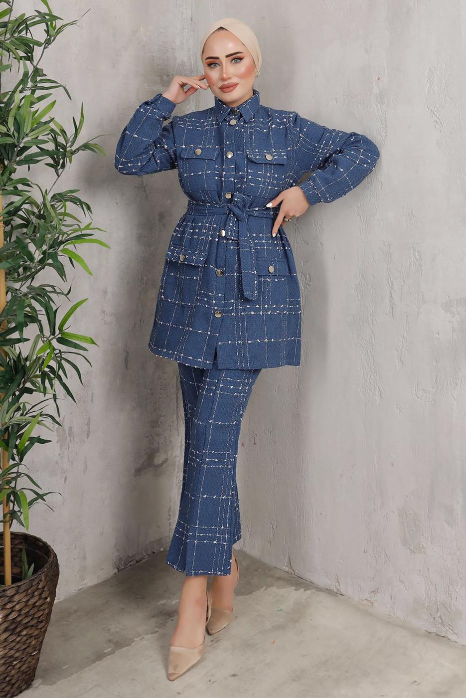 Tesettür giyim LACİVERT EKOSE DESENLİ KUŞAKLI PANTOLON TAKIMI T 7782 