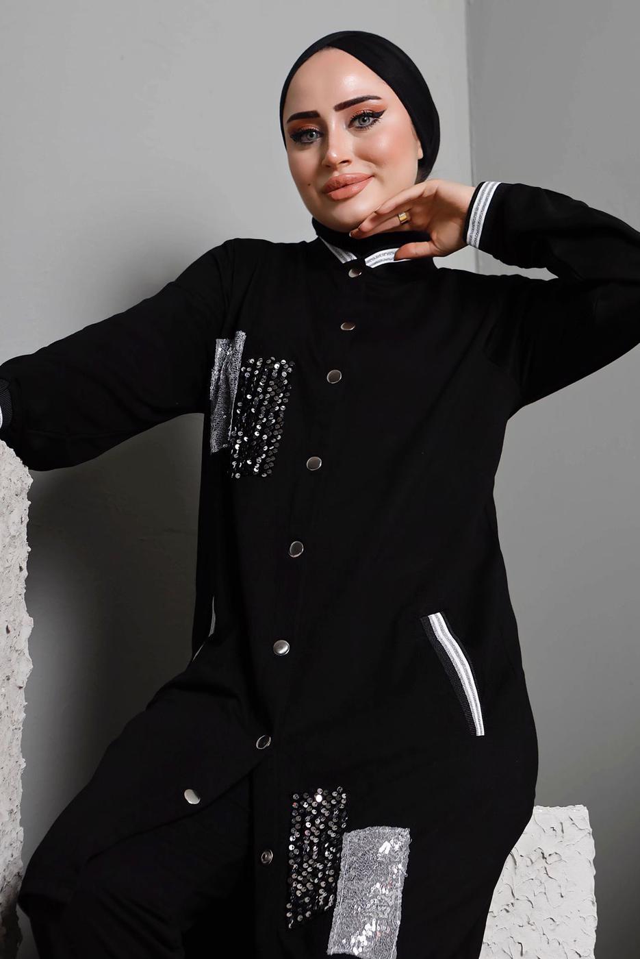 Tesettür giyim SİYAH  PULLU PAYETLİ DÜĞMELİ PANTOLONLU TAKIM T 8482