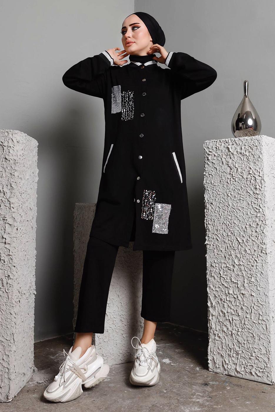 Tesettür giyim SİYAH  PULLU PAYETLİ DÜĞMELİ PANTOLONLU TAKIM T 8482