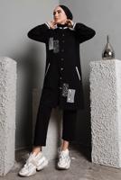 Tesettür giyim SİYAH  PULLU PAYETLİ DÜĞMELİ PANTOLONLU TAKIM T 8482