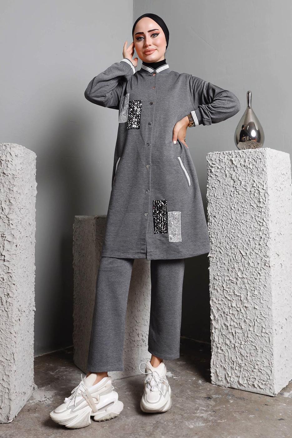 Tesettür giyim GRİ  PULLU PAYETLİ DÜĞMELİ PANTOLONLU TAKIM T 8482