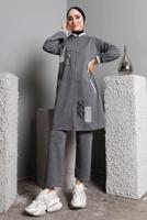 Tesettür giyim GRİ  PULLU PAYETLİ DÜĞMELİ PANTOLONLU TAKIM T 8482