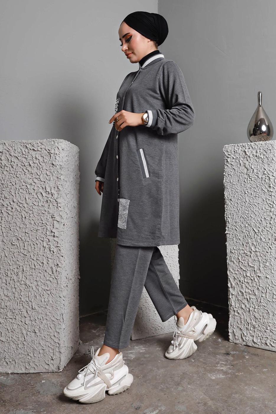 Tesettür giyim GRİ  PULLU PAYETLİ DÜĞMELİ PANTOLONLU TAKIM T 8482