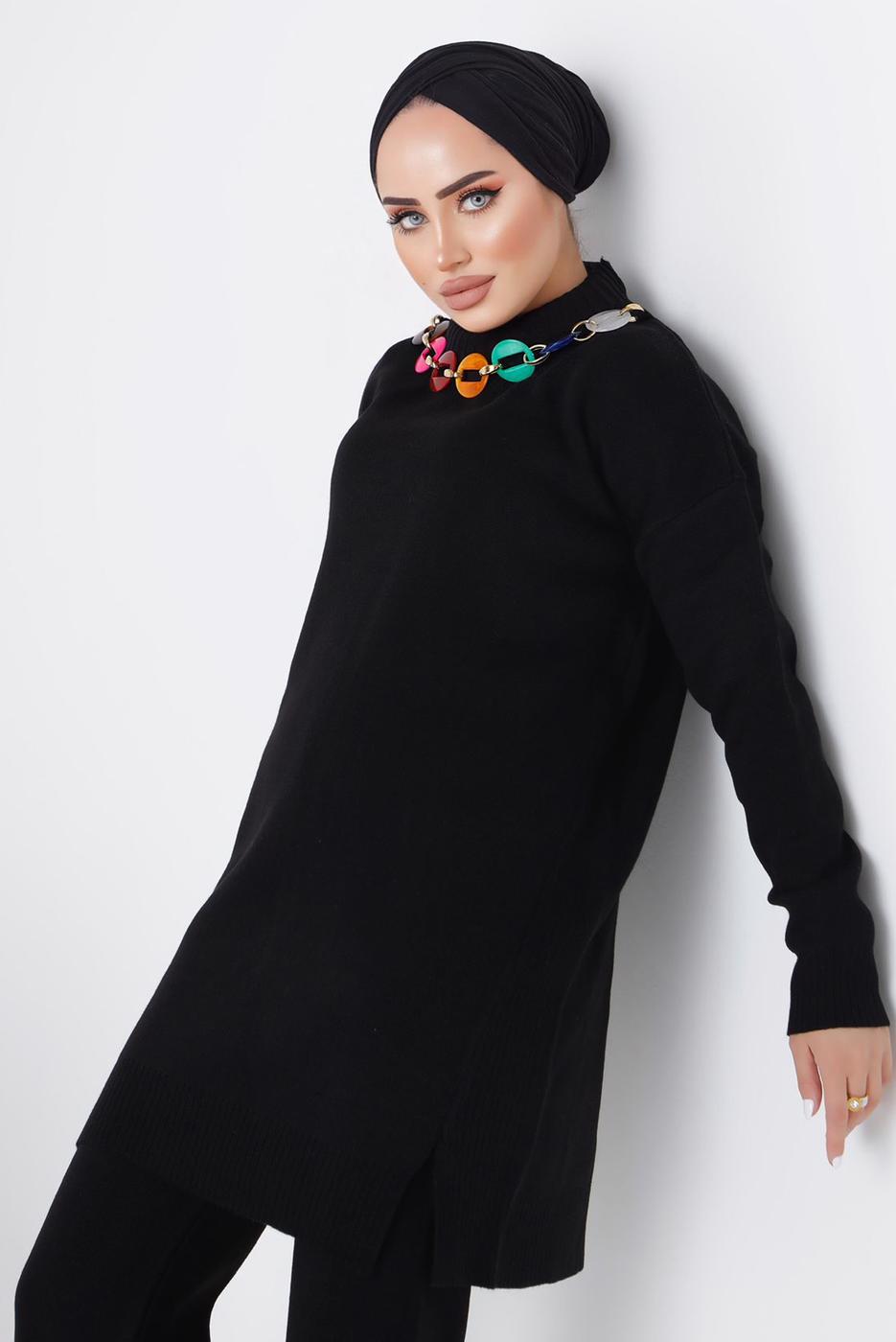 Vêtements hijab NOIR ENSEMBLE PANTALON EN MAILLE CHAÎNE 8592-1