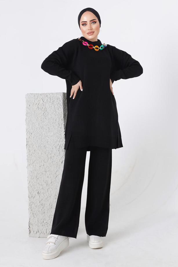Vêtements hijab NOIR ENSEMBLE PANTALON EN MAILLE CHAÎNE 8592-1 - TRENDTESETTÜR