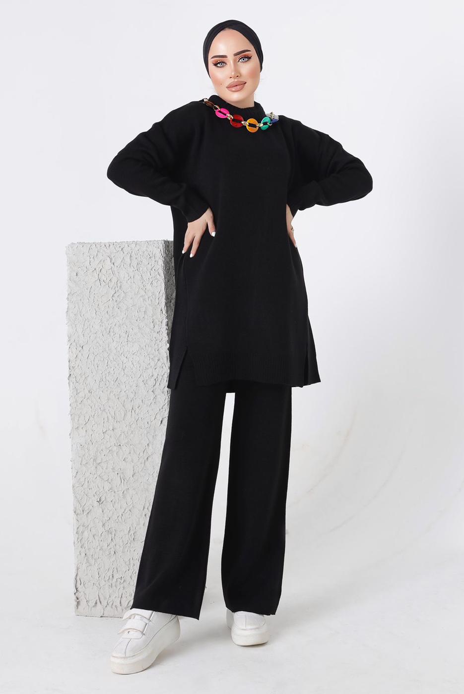 Vêtements hijab NOIR ENSEMBLE PANTALON EN MAILLE CHAÎNE 8592-1