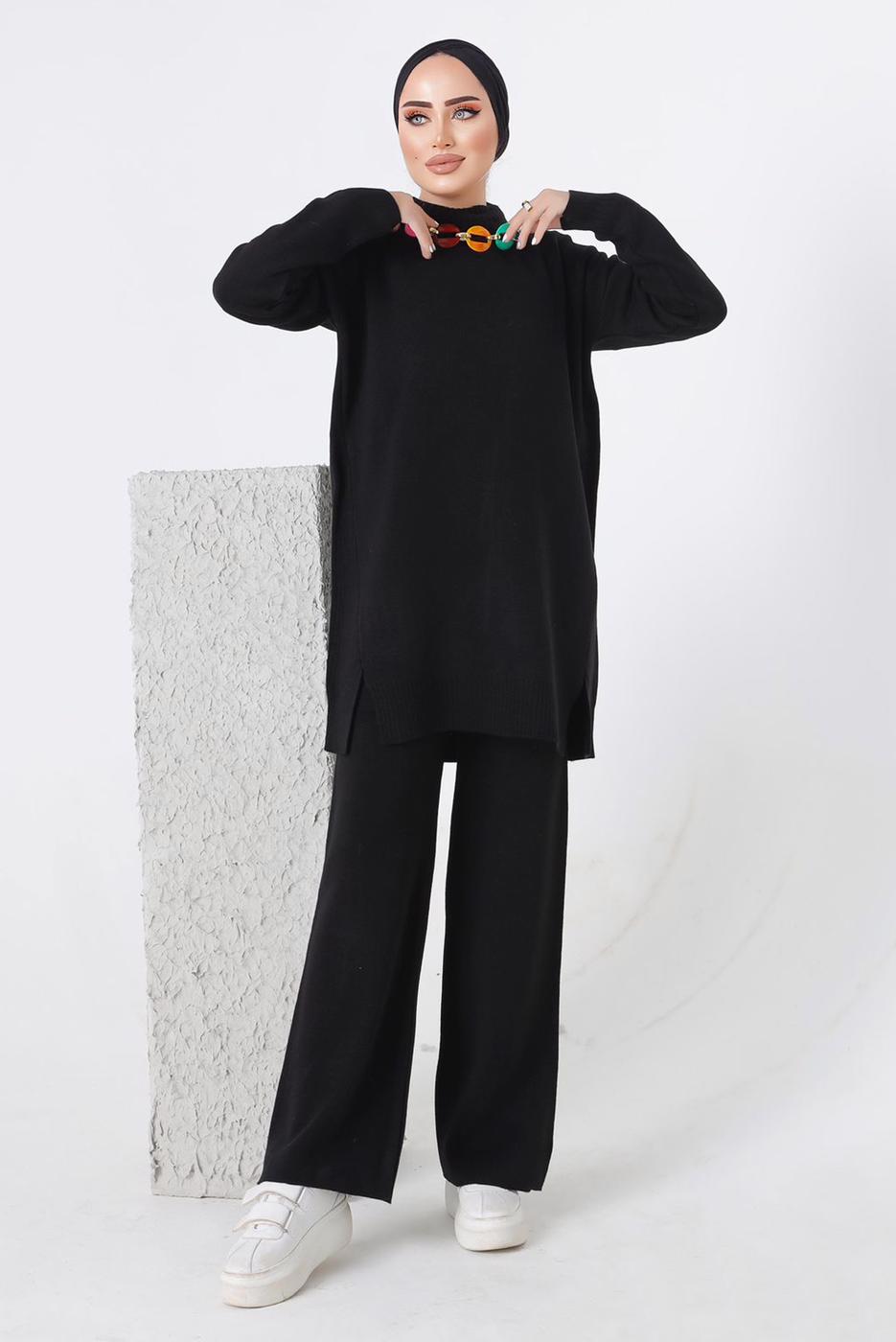 Vêtements hijab NOIR ENSEMBLE PANTALON EN MAILLE CHAÎNE 8592-1