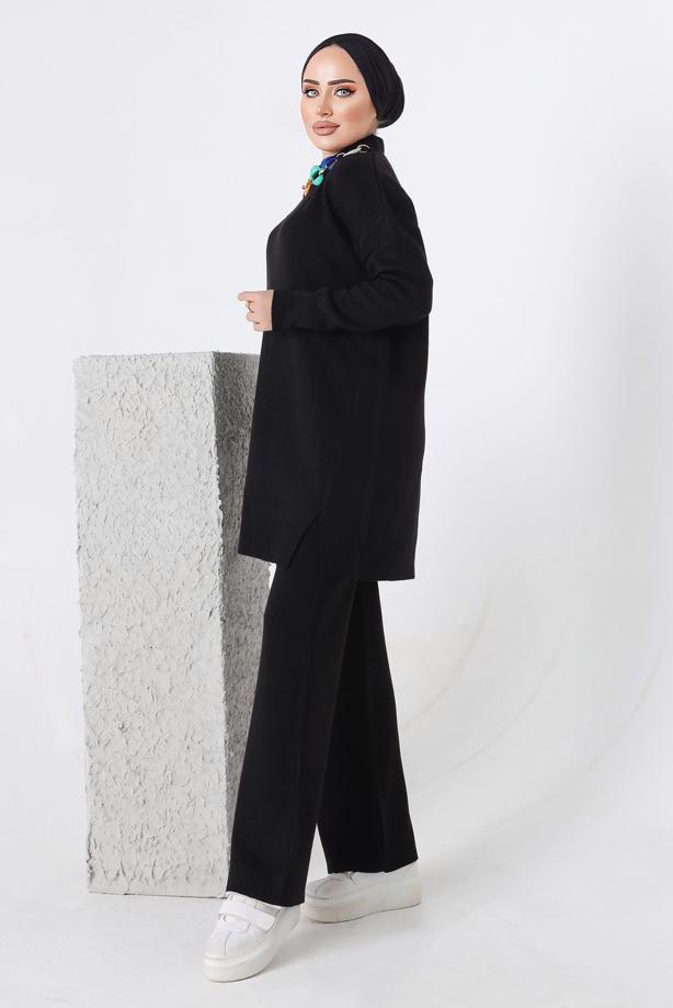 Vêtements hijab NOIR ENSEMBLE PANTALON EN MAILLE CHAÎNE 8592-1 - TRENDTESETTÜR