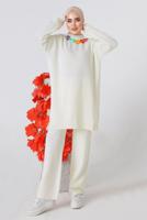 Tesettür giyim EKRU ZİNCİR DETAYLI PANTOLONLU TRİKO TAKIM 8592-1