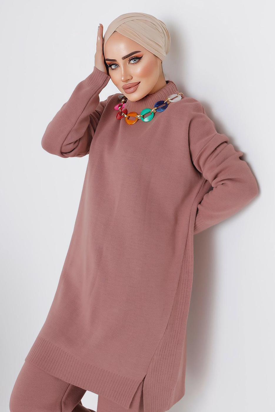 Tesettür giyim PUDRA ZİNCİR DETAYLI PANTOLONLU TRİKO TAKIM 8592-1