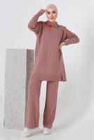 Tesettür giyim PUDRA ZİNCİR DETAYLI PANTOLONLU TRİKO TAKIM 8592-1