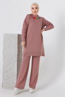 Tesettür giyim PUDRA ZİNCİR DETAYLI PANTOLONLU TRİKO TAKIM 8592-1