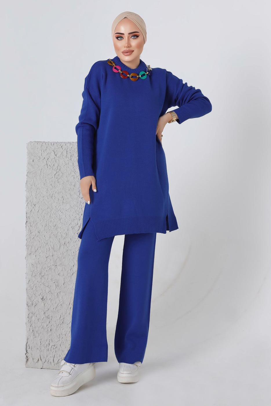 Vêtements hijab BLEU MARINE ENSEMBLE PANTALON EN MAILLE CHAÎNE 8592-1