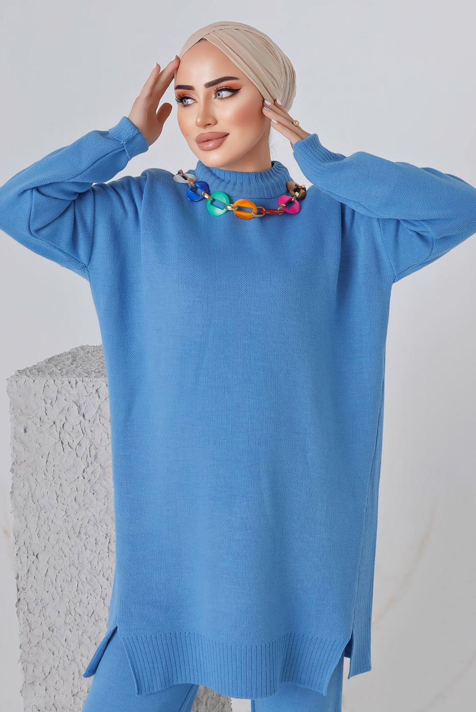 Vêtements hijab BLEU ENSEMBLE PANTALON EN MAILLE CHAÎNE 8592-1