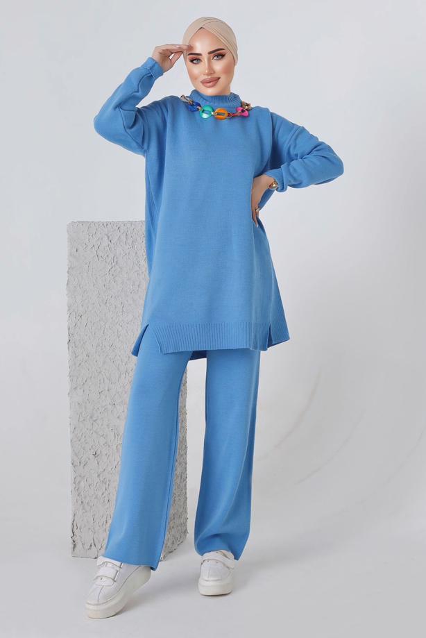 Vêtements hijab BLEU ENSEMBLE PANTALON EN MAILLE CHAÎNE 8592-1 - TRENDTESETTÜR