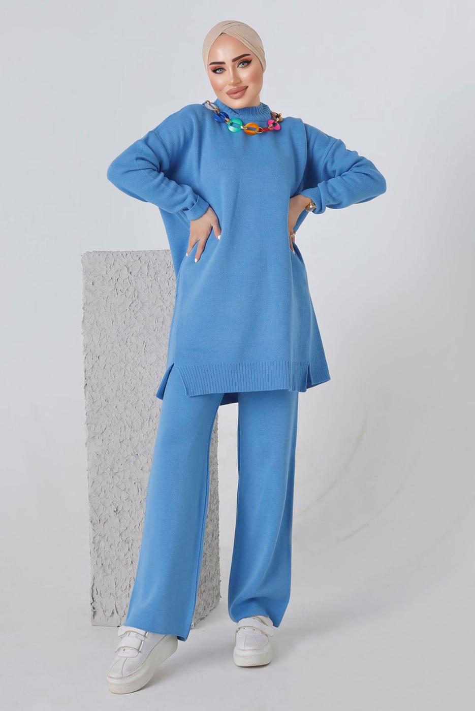 Vêtements hijab BLEU ENSEMBLE PANTALON EN MAILLE CHAÎNE 8592-1