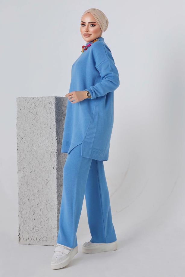 Vêtements hijab BLEU ENSEMBLE PANTALON EN MAILLE CHAÎNE 8592-1 - TRENDTESETTÜR