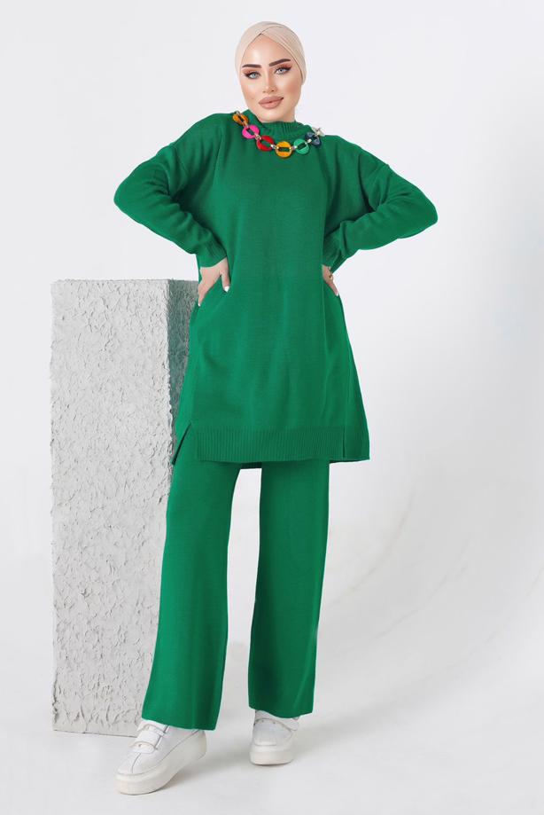 Vêtements hijab VERT ENSEMBLE PANTALON EN MAILLE CHAÎNE 8592-1 - TRENDTESETTÜR
