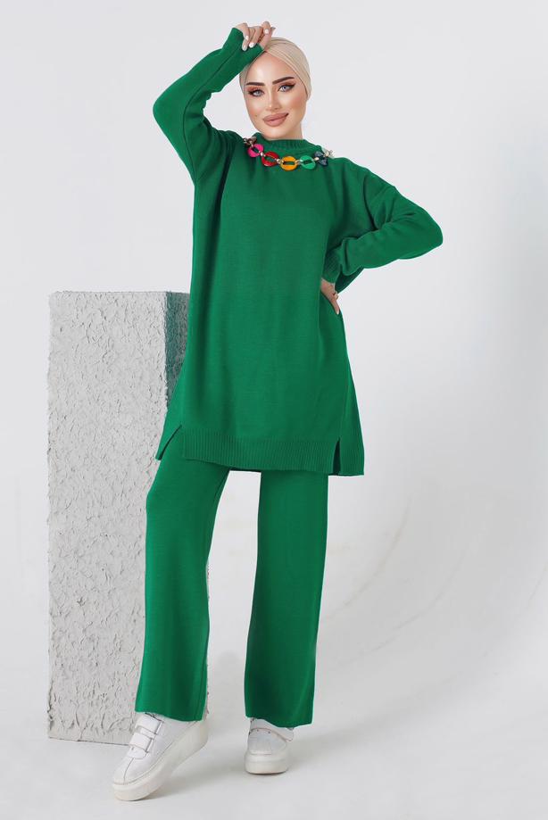 Vêtements hijab VERT ENSEMBLE PANTALON EN MAILLE CHAÎNE 8592-1 - TRENDTESETTÜR