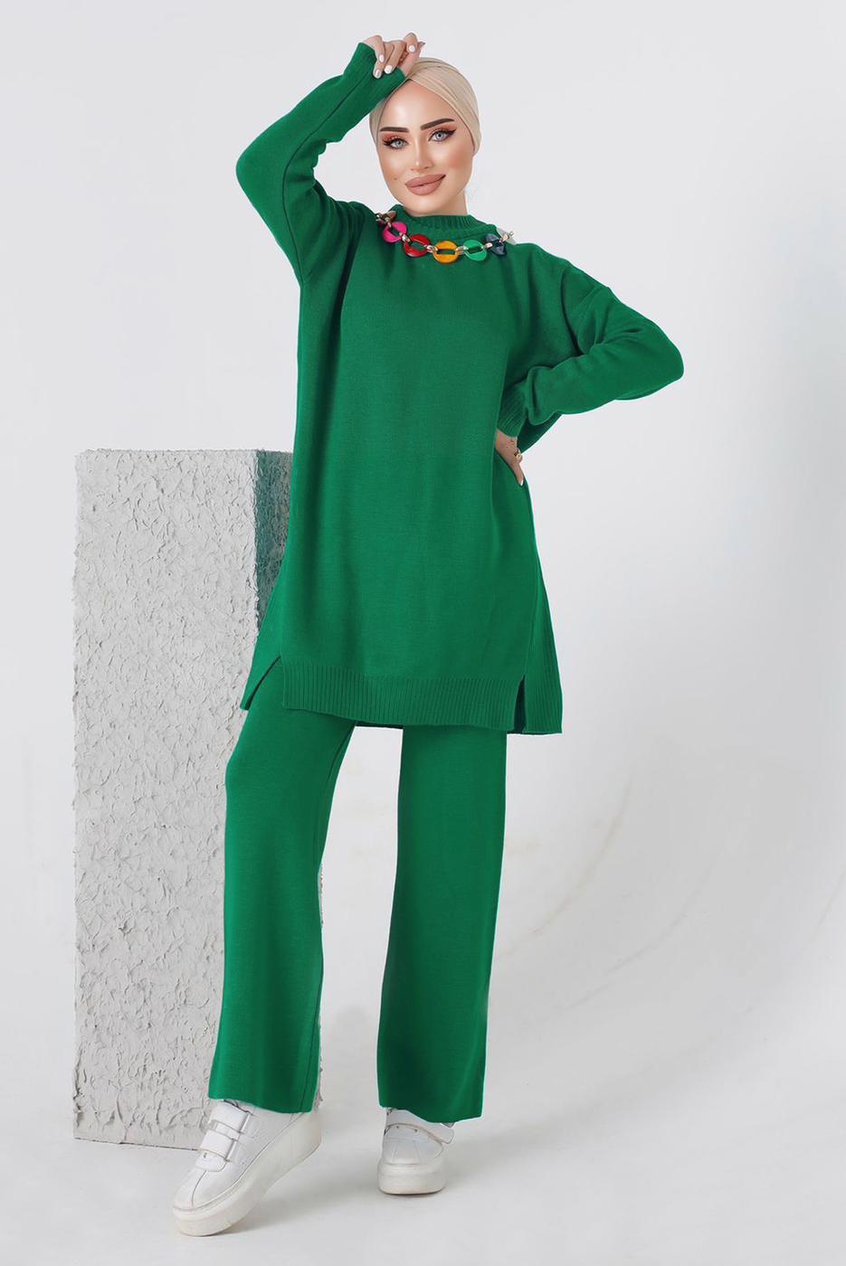 Tesettür giyim YEŞİL ZİNCİR DETAYLI PANTOLONLU TRİKO TAKIM 8592-1