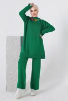 Tesettür giyim YEŞİL ZİNCİR DETAYLI PANTOLONLU TRİKO TAKIM 8592-1