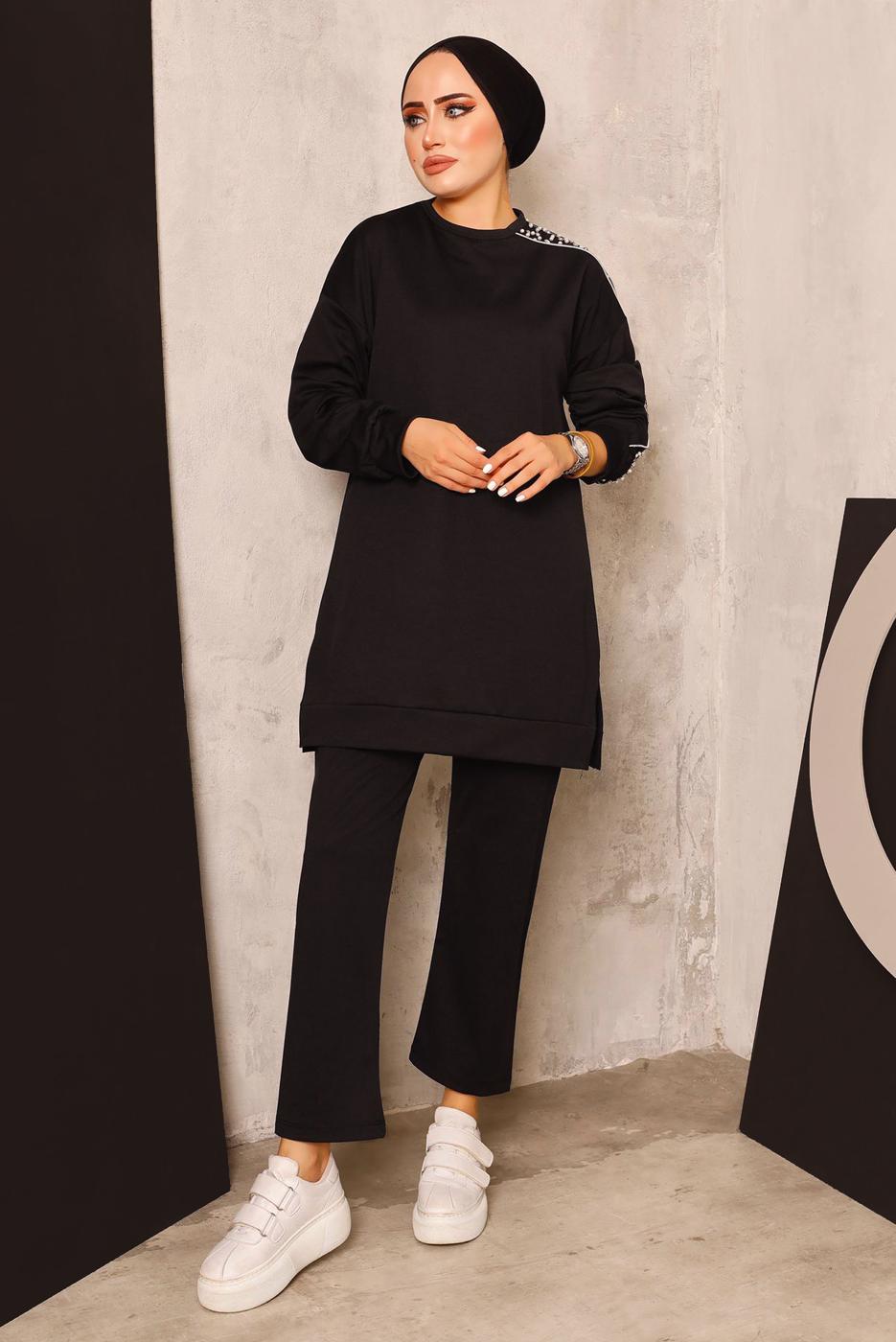 Vêtements hijab NOIR ENSEMBLE DE SURVÊTEMENT AVEC DÉTAIL DE PERLES T 8672