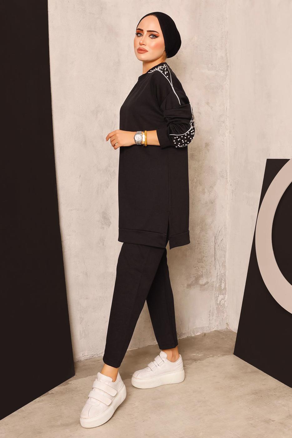 Vêtements hijab NOIR ENSEMBLE DE SURVÊTEMENT AVEC DÉTAIL DE PERLES T 8672