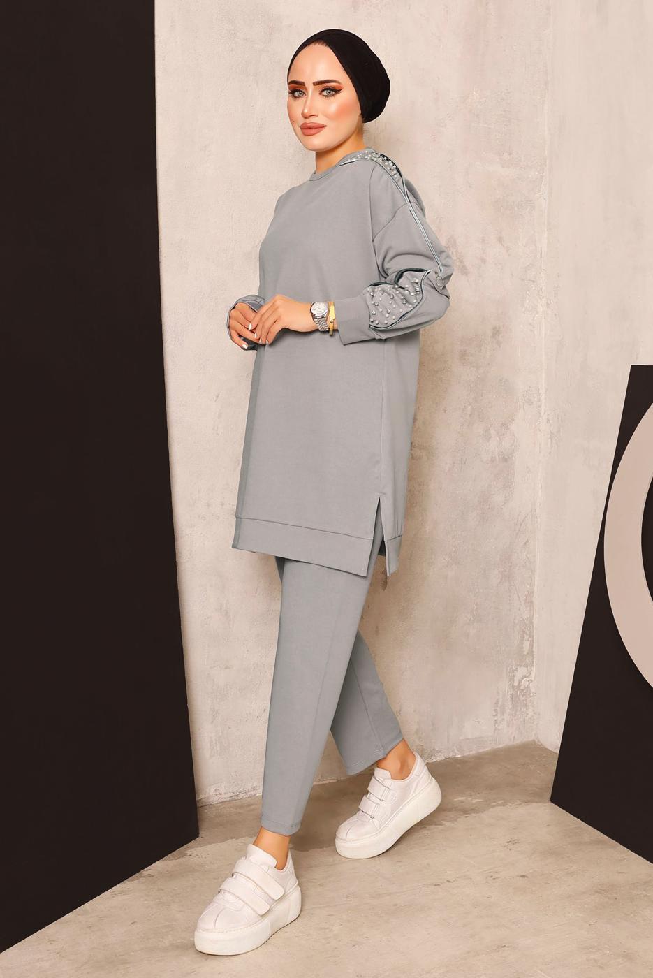 Vêtements hijab GRIS ENSEMBLE DE SURVÊTEMENT AVEC DÉTAIL DE PERLES T 8672