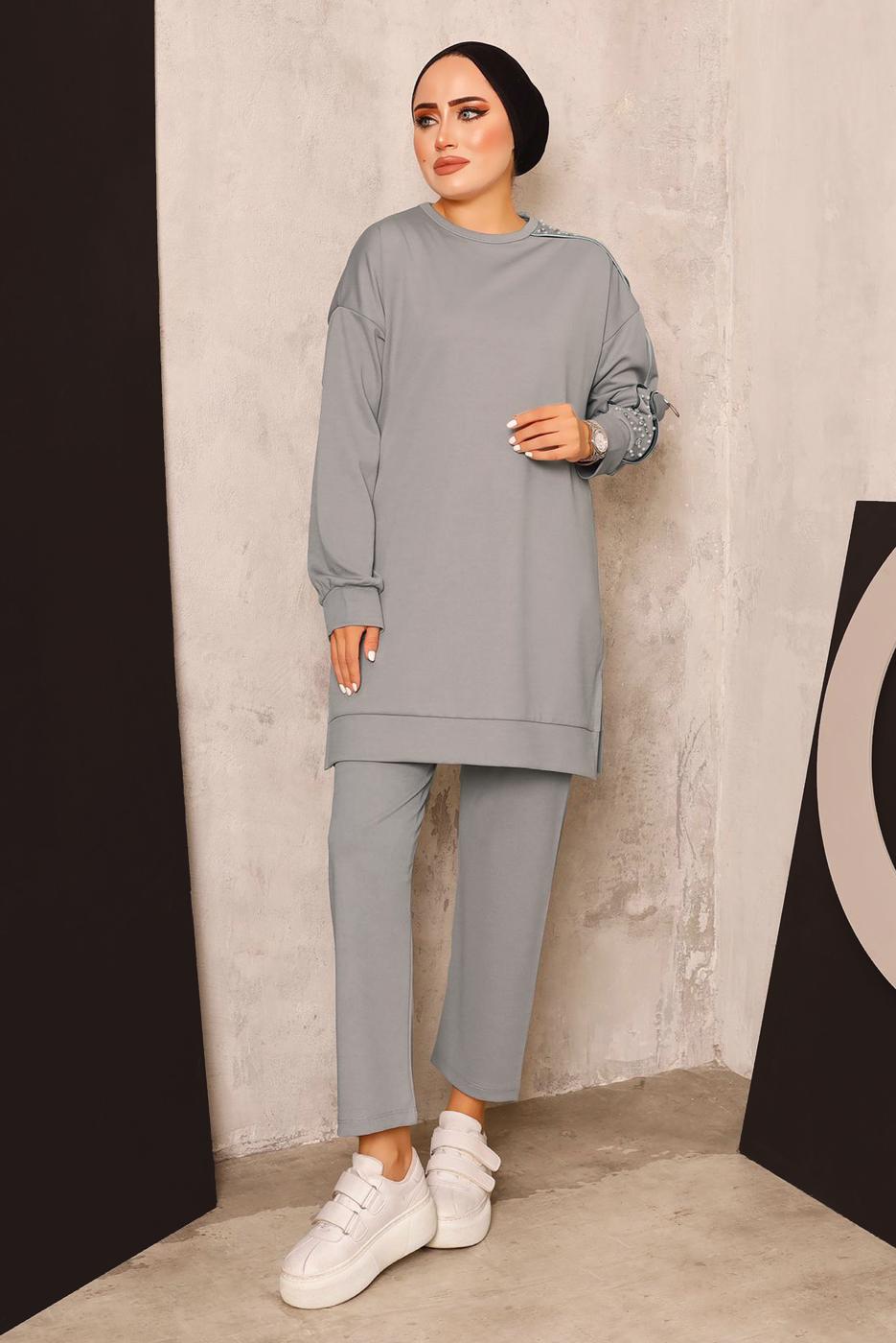 Vêtements hijab GRIS ENSEMBLE DE SURVÊTEMENT AVEC DÉTAIL DE PERLES T 8672