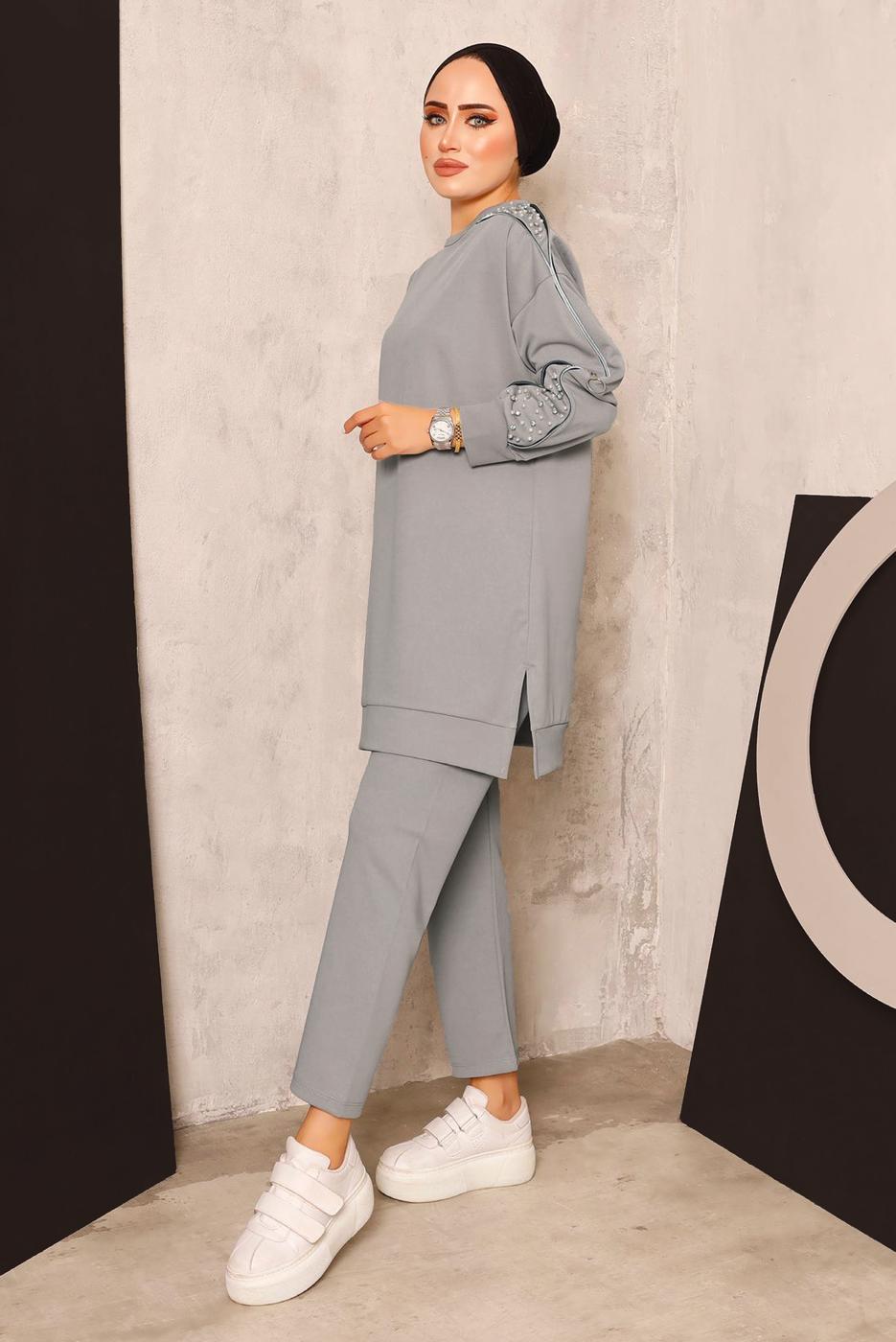 Vêtements hijab GRIS ENSEMBLE DE SURVÊTEMENT AVEC DÉTAIL DE PERLES T 8672