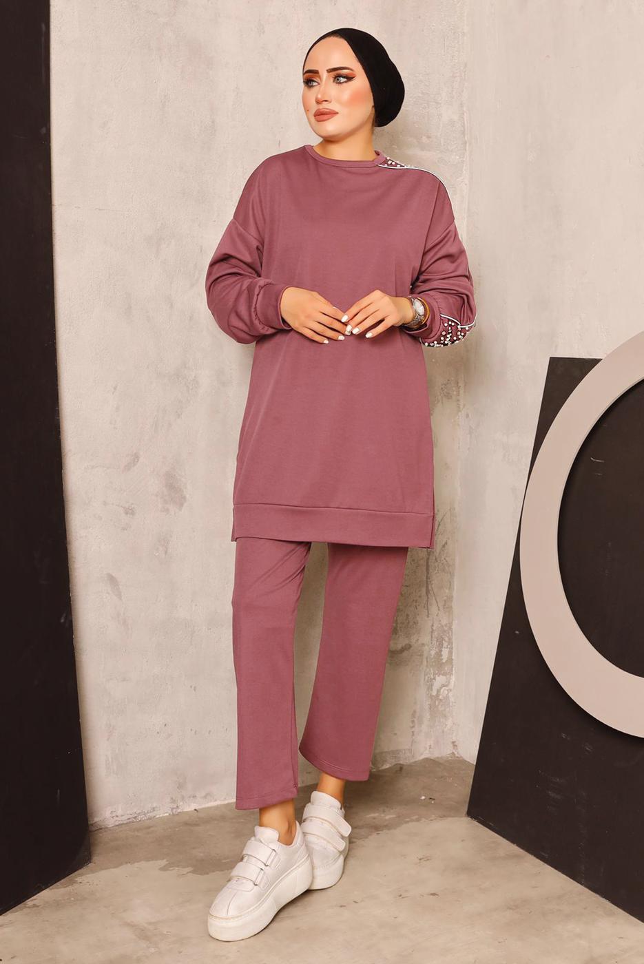 Vêtements hijab POURPRE ENSEMBLE DE SURVÊTEMENT AVEC DÉTAIL DE PERLES T 8672