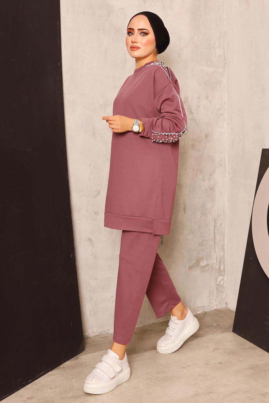 Vêtements hijab POURPRE ENSEMBLE DE SURVÊTEMENT AVEC DÉTAIL DE PERLES T 8672
