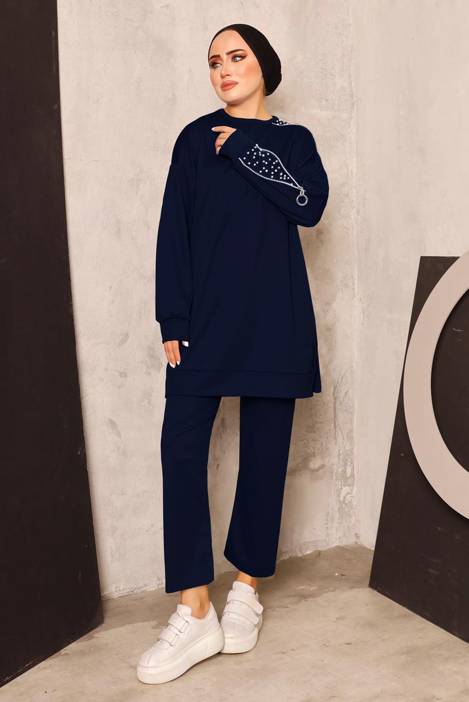 Tesettür giyim LACİVERT İNCİ DETAYLI PANTOLONLU TAKIM T 8672