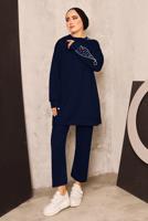 Tesettür giyim LACİVERT İNCİ DETAYLI PANTOLONLU TAKIM T 8672